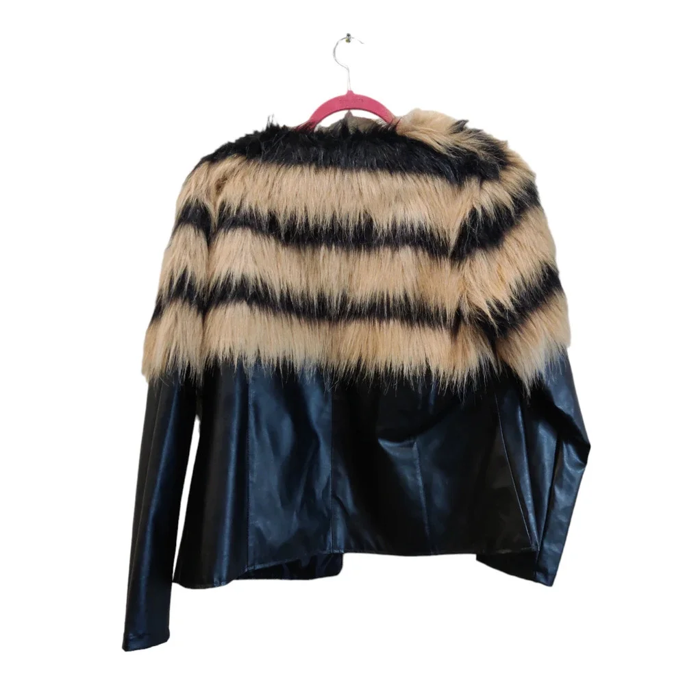 Pre-Owned Fashion Black/Brown Faux Leather and Faux Fur Jacket Size Large - Picture 2 of 3